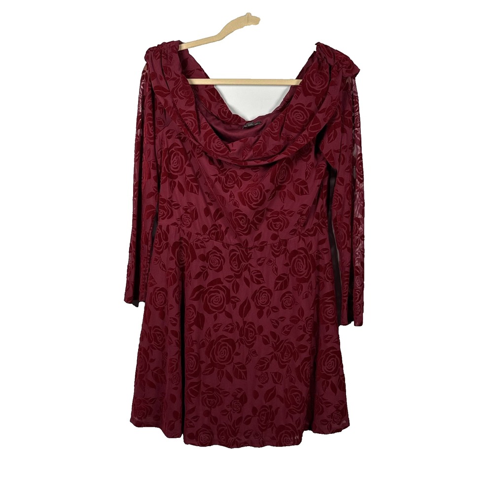 Off Shoulder Dress Floral Burnout Dark Red Burgundy Fairy Grunge Whimsigoth Vamp